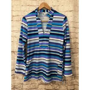 Jude Connally Top Womens Small Tunic Nylon Cantina Cloth Blue Striped Stretch